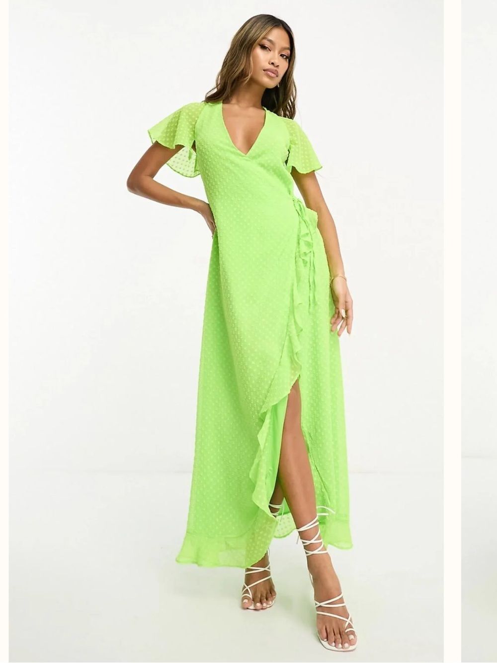ASOS Design Frill Detail Wrap Maxi Dress Size 26 Lime Green V Neck Swiss Dot